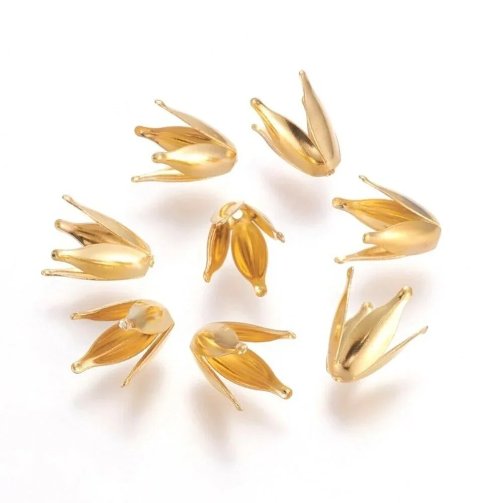 Mid Century Minimalist Style Long Gold Tulip Bead Caps 14K Plated 20 pcs